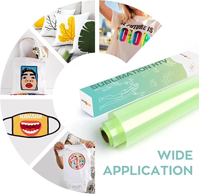 Roll of sublimation HTV with examples of printed products on a white background