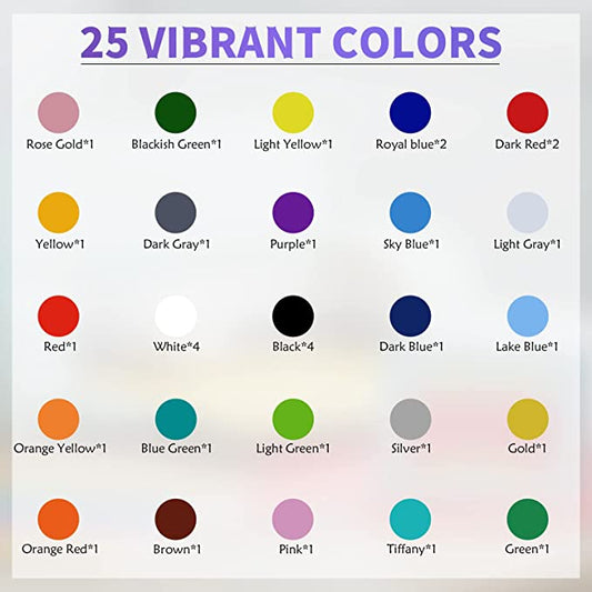 Chart of 25 vibrant colors with labels on a white background
