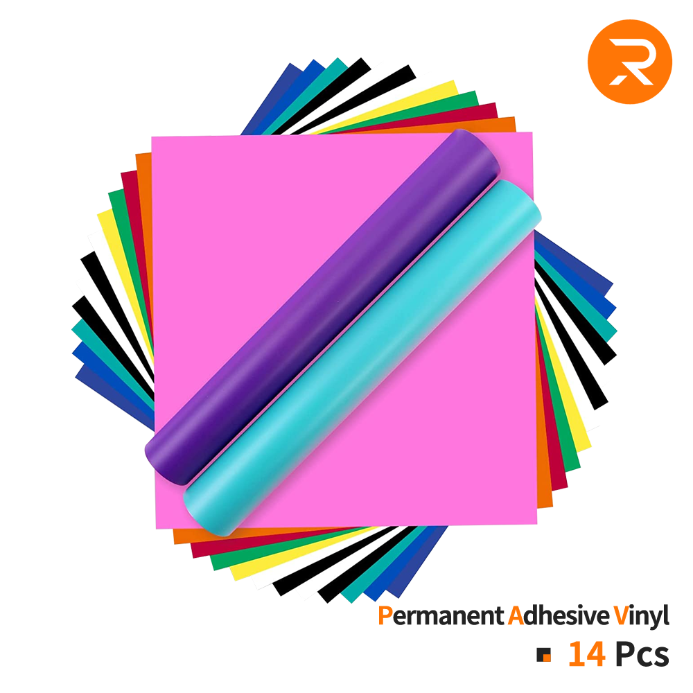 Assorted colors of permanent adhesive vinyl with a brand logo on a white background