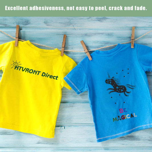 Yellow and blue t-shirts with printed designs on a wooden surface.