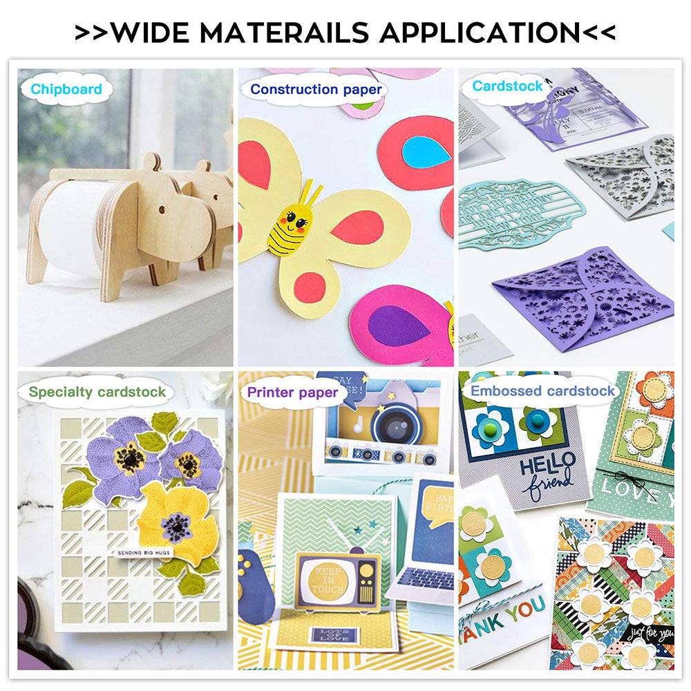 Collage of various paper products and craft items with text labels on a white background.