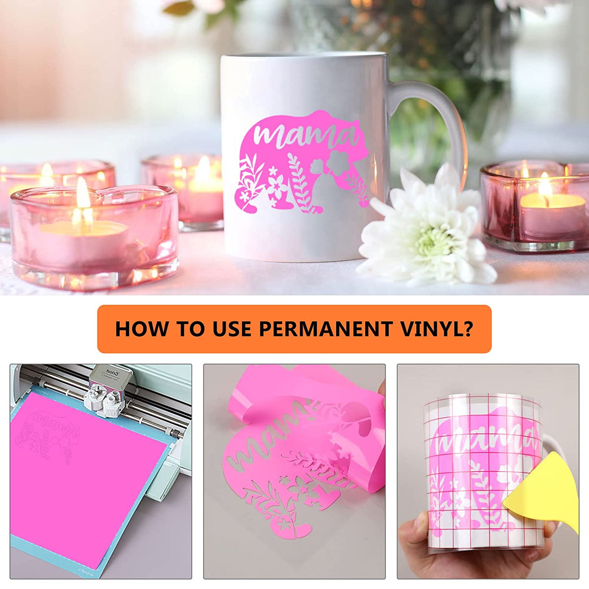 Step-by-step guide on using permanent vinyl with a mug and decorative items.