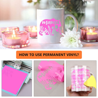 Step-by-step guide on using permanent vinyl with a mug and decorative items.