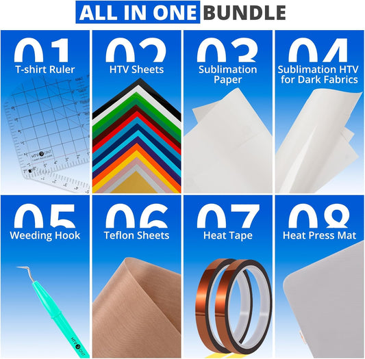 Collection of fabric and heat transfer materials with labels on a blue background