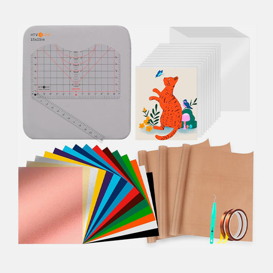 Collection of heat transfer vinyl sheets, a ruler, and a design card on a white background