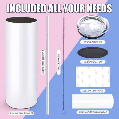 Collection of items included with a sublimation tumbler on a pink and blue background