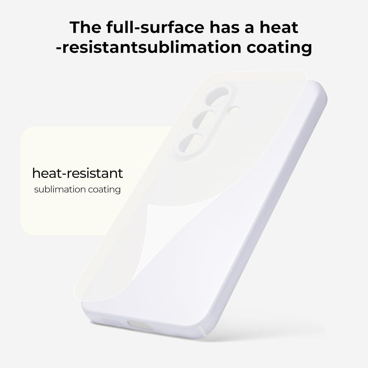 White phone case with text about heat-resistant sublimation coating on a white background