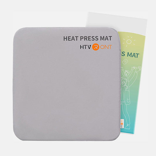 Gray heat press mat with 'HTV RONT' branding on a white background