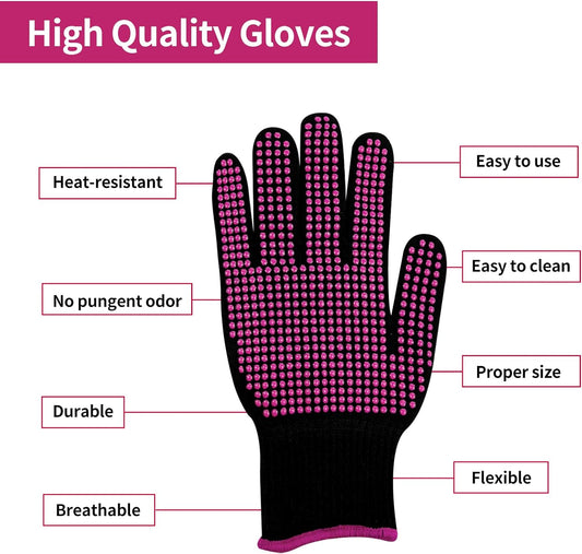 Black glove with pink textured palm, labeled for high-quality features on a white background.