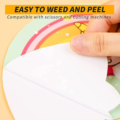 Hand holding a sheet of colorful stickers with text about ease of use.