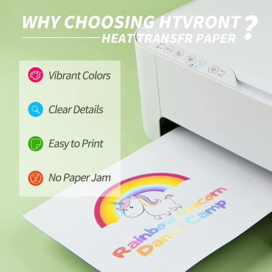 HTVRONT heat transfer paper with printer and unicorn design on a green background