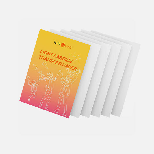 Packaging of HTV CNT light fabrics transfer paper with a gradient design on a white background.