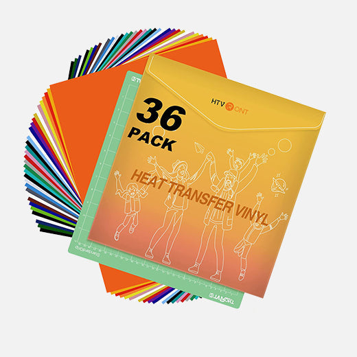 36-pack of heat transfer vinyl sheets with colorful border on a white background