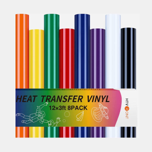 Packaging of heat transfer vinyl with colorful rolls on a white background