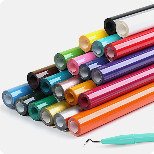 Assorted colorful rolls of vinyl with a tool on a white background