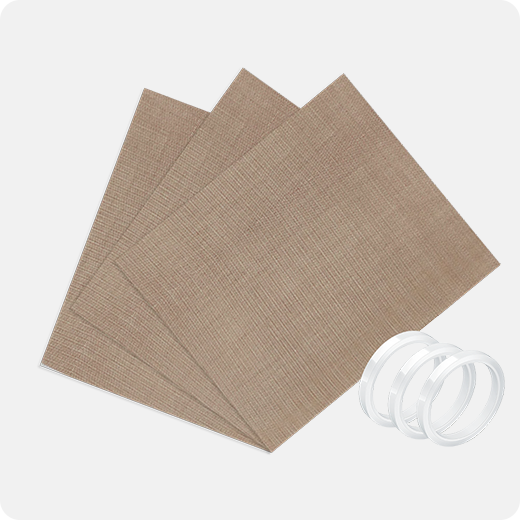 Three brown textured sheets with a white roll of tape on a light gray background