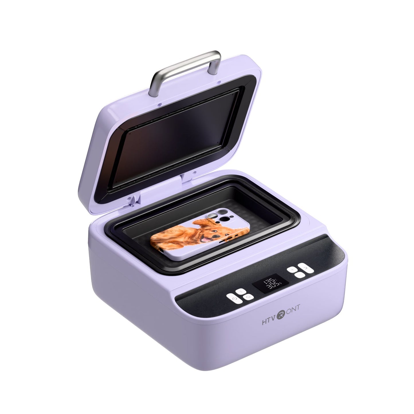 Purple heat press with a phone inside
