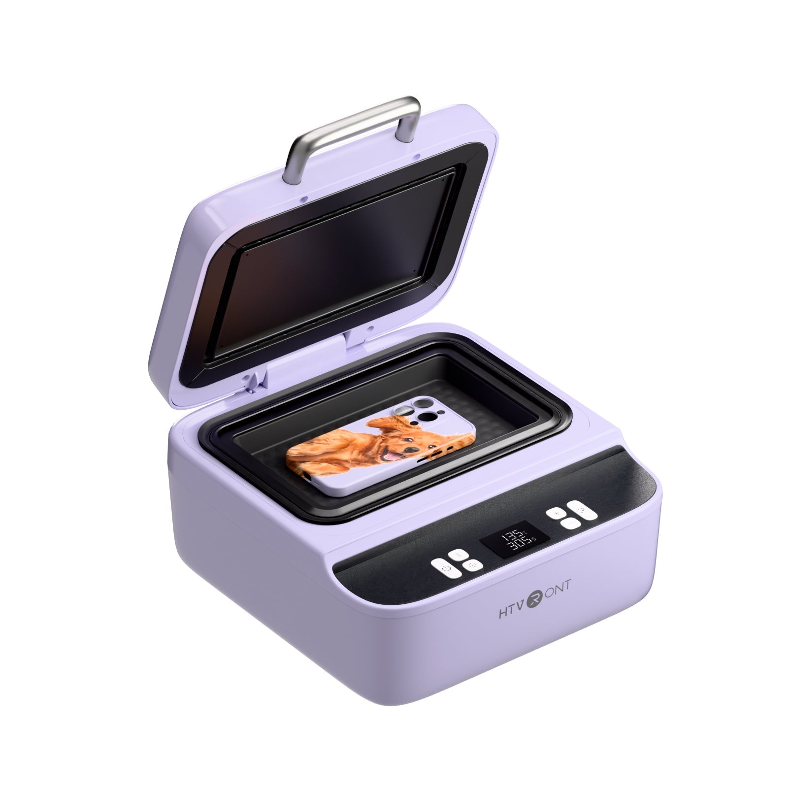 Purple heat press with a phone inside