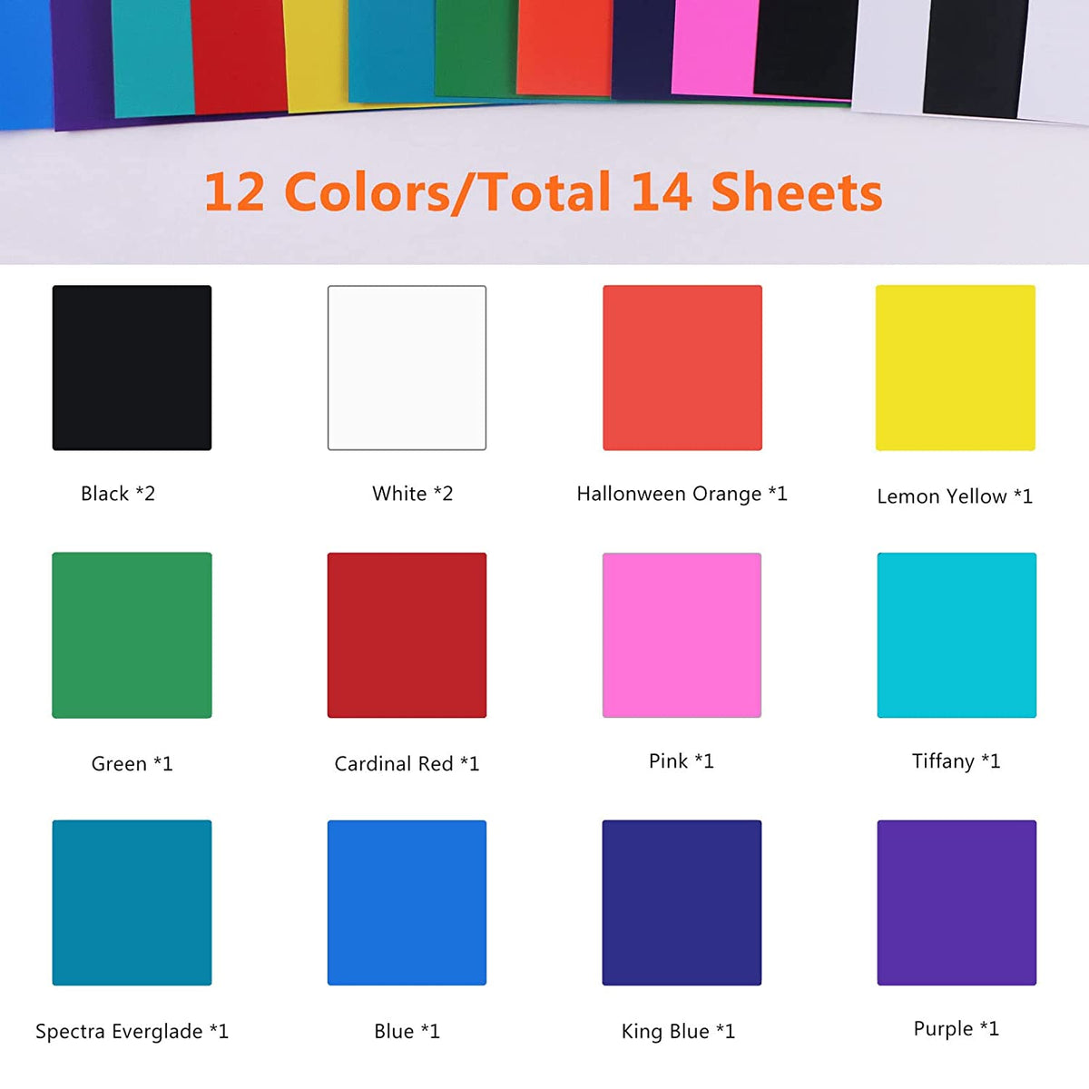 Color swatches with labels and a text indicating 12 colors and 14 sheets.