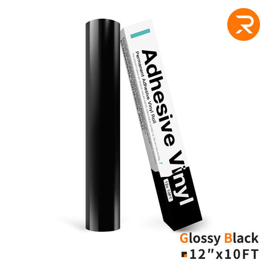 Roll of glossy black adhesive vinyl with a brand logo on a white background
