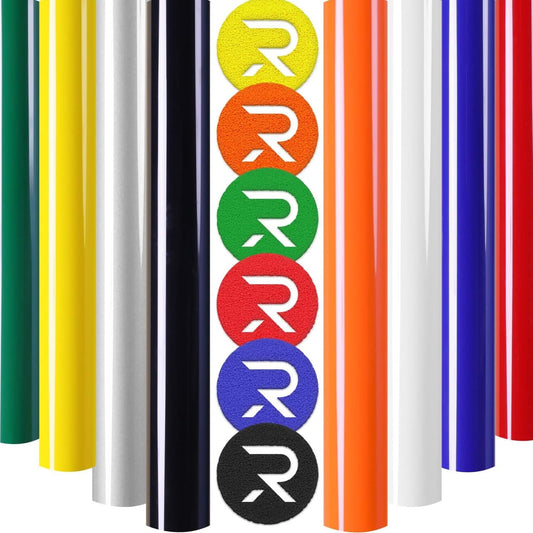 Set of colorful ribbons with a logo 'R' on each, displayed vertically.