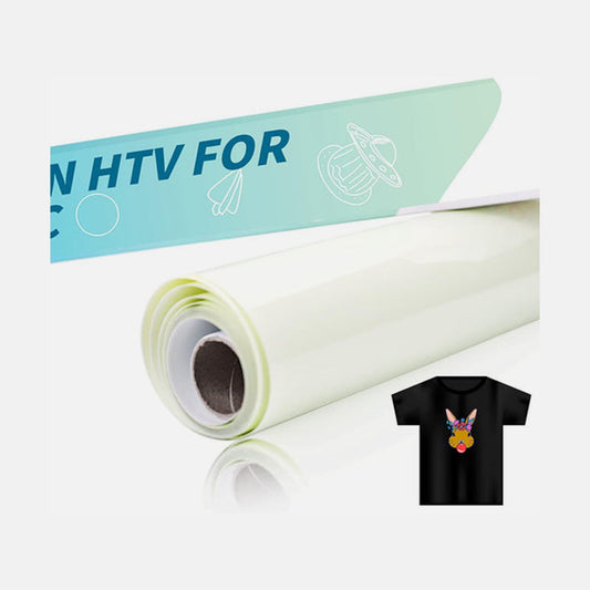 Roll of heat transfer vinyl with a sample t-shirt on a white background