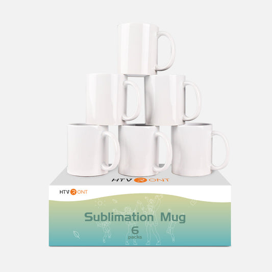 Packaging of 6 sublimation mugs with a gradient design on a white background