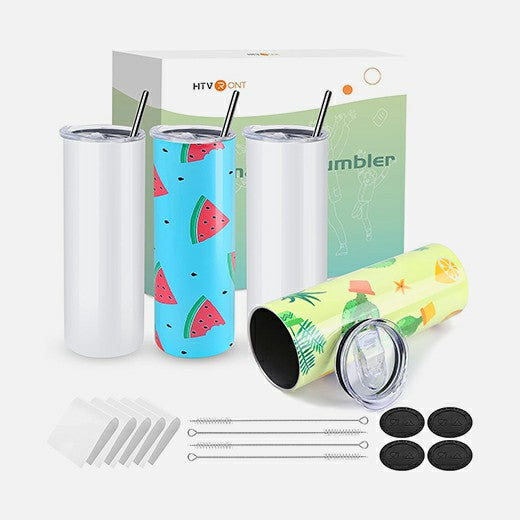 Set of insulated tumblers with colorful designs and accessories on a white background