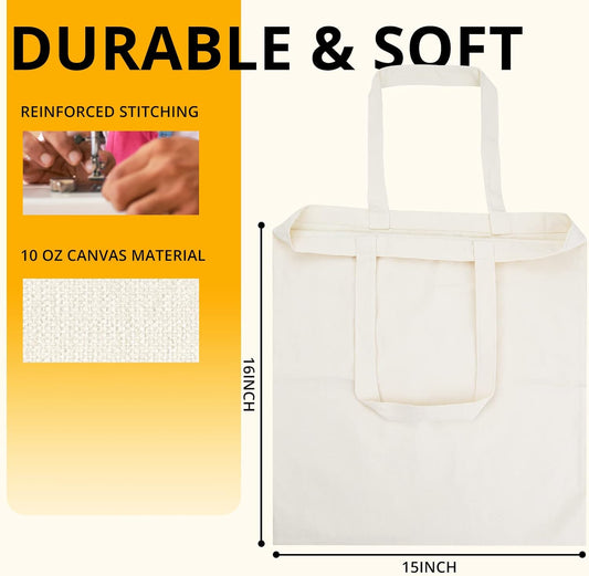 White tote bag with text highlighting durability and softness, material details, and dimensions.