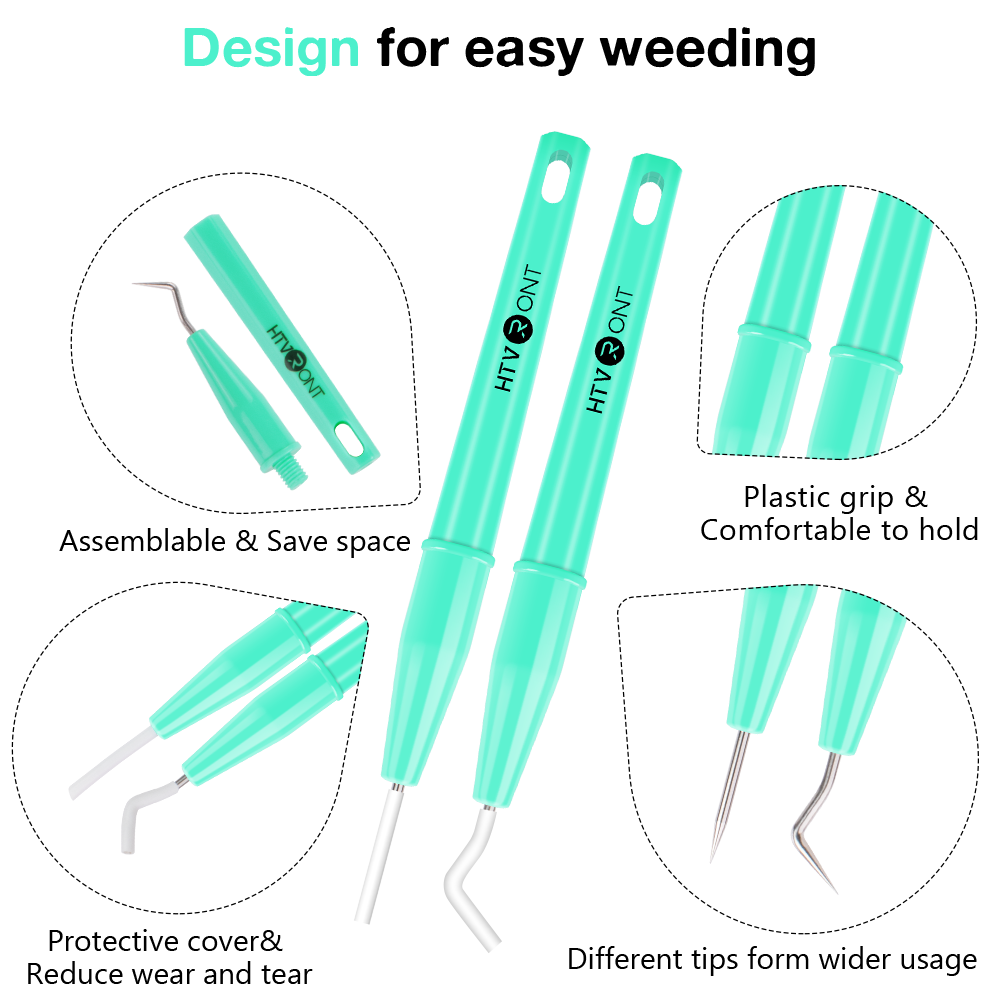 Teal weeding tools with features highlighted on a white background