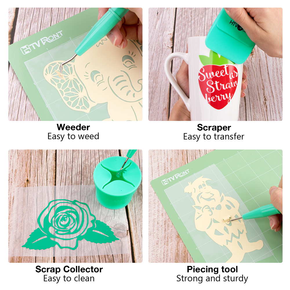 Collage of a weeder, scraper, scrap collector, and piecing tool with text labels on a wooden surface.
