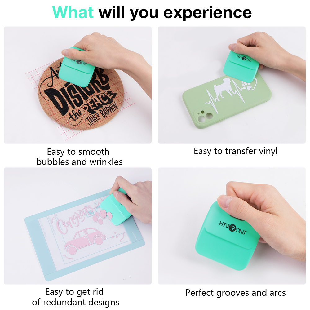 Product demonstration of a tool used for smoothing vinyl, transferring designs, and creating grooves on a white background.