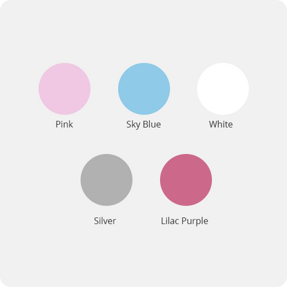 Five color swatches labeled Pink, Sky Blue, White, Silver, and Lilac Purple on a light gray background.