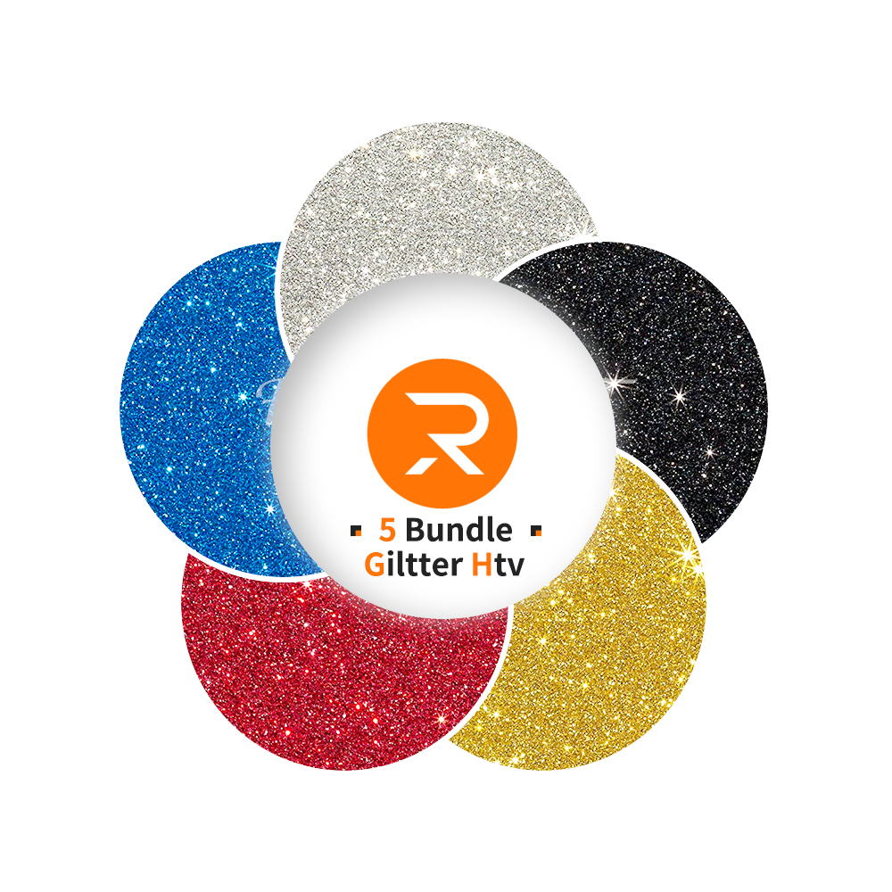 Five glittery circles in blue, silver, black, red, and gold with a white center displaying an orange logo and text.