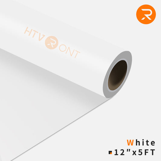Roll of white heat transfer vinyl with a brand logo on a light gray background